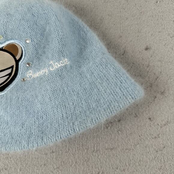 Y2K Bobby‎ Jack Girls Fuzzy Angora Beanie Hat Blue Monkey Embroidered Knit Retro - Picture 4 of 14